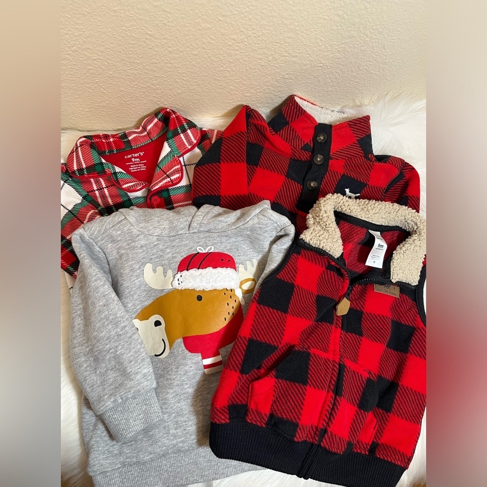 Bundle Carter’s 9 Month Red Buffalo Plaid Holiday Romper Vest Sweatshirts